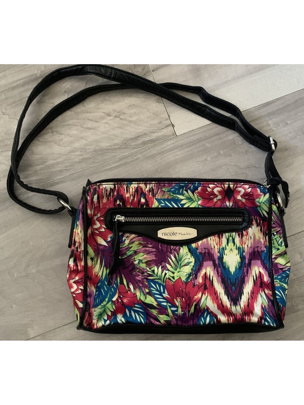 Nicole Miller Black Multi Color Hand Bag Purse Bright Leaves Flowers Colorful
